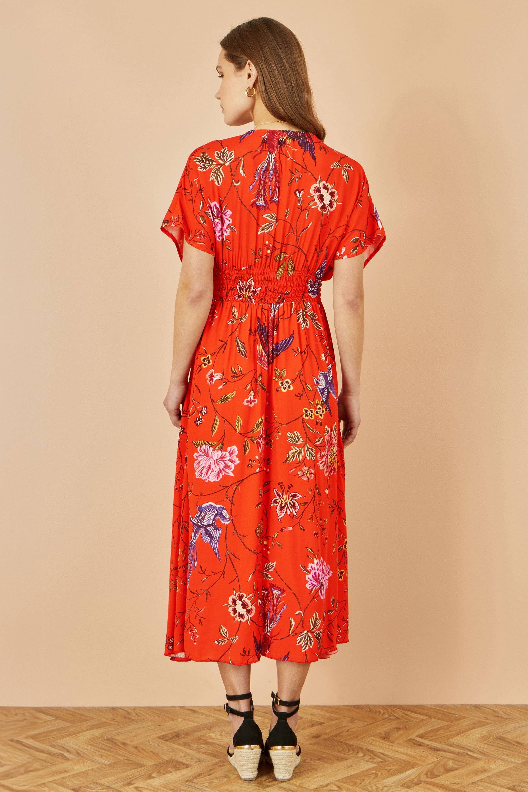 Orange Viscose Bird and Floral Print Kimono Midi Dress