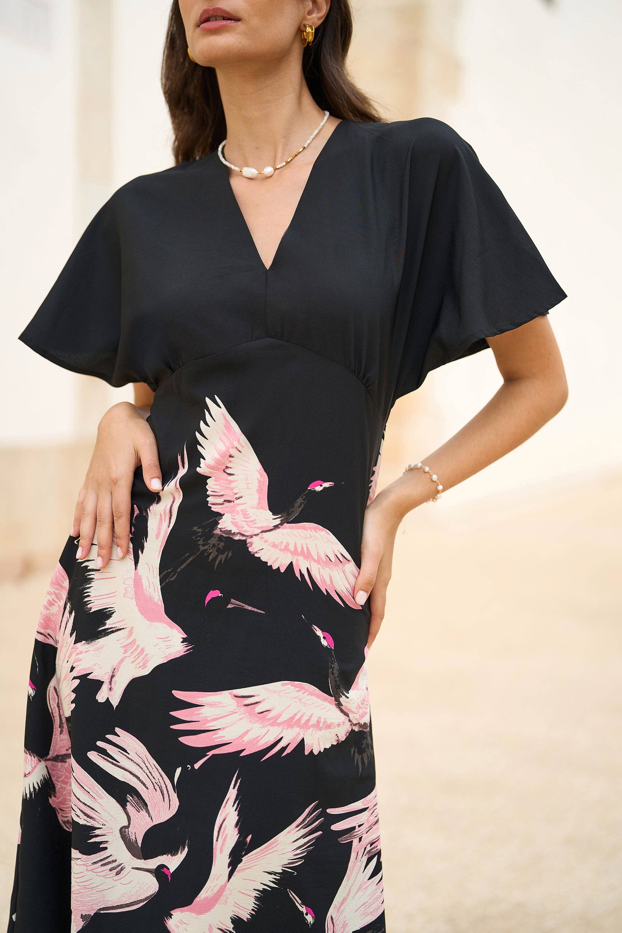 Black Recycled Fabric Crane Print Kimono Midi Dress