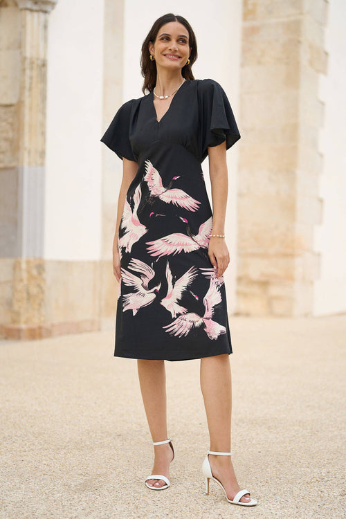 Black Recycled Fabric Crane Print Kimono Midi Dress