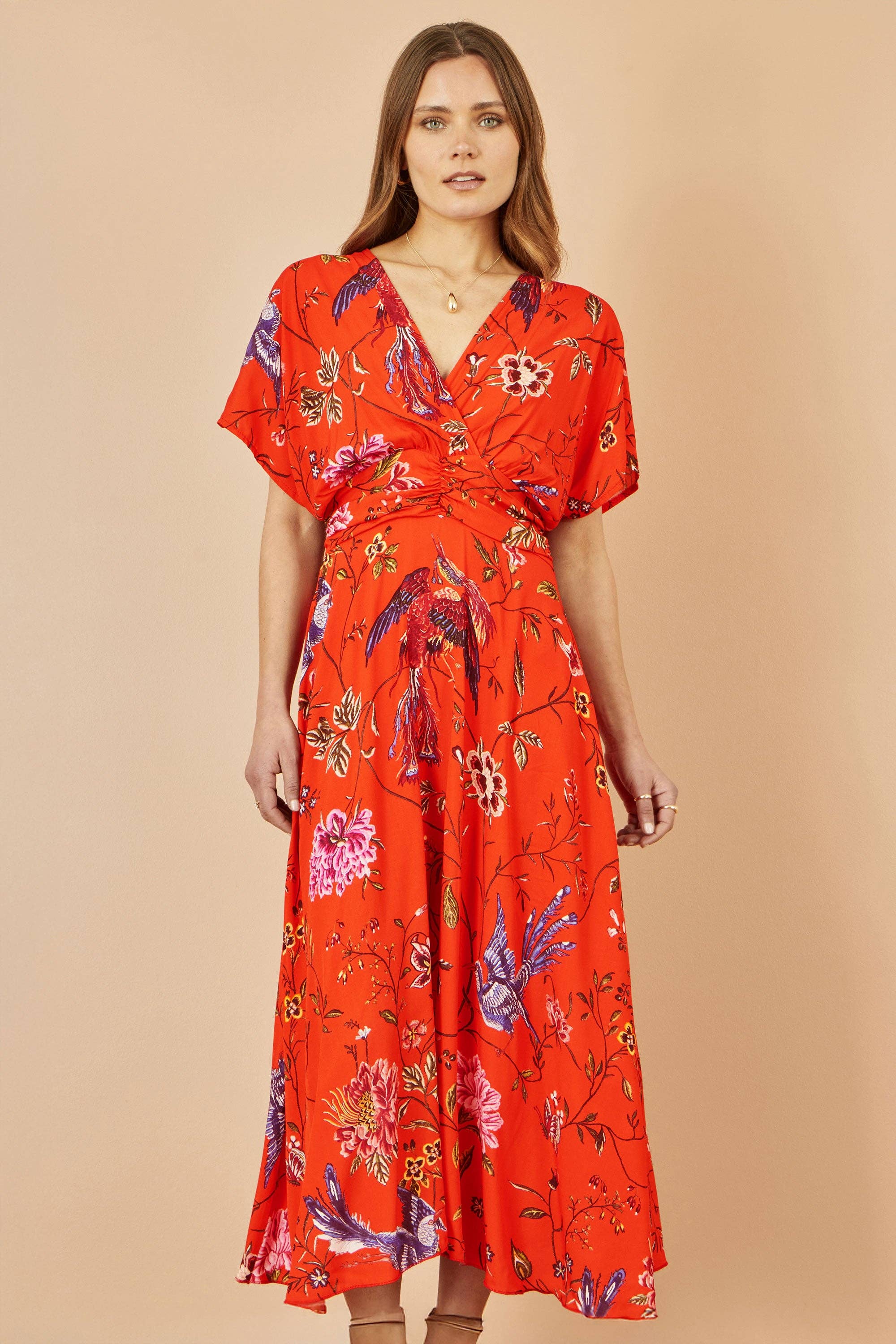 Orange Viscose Bird and Floral Print Kimono Midi Dress