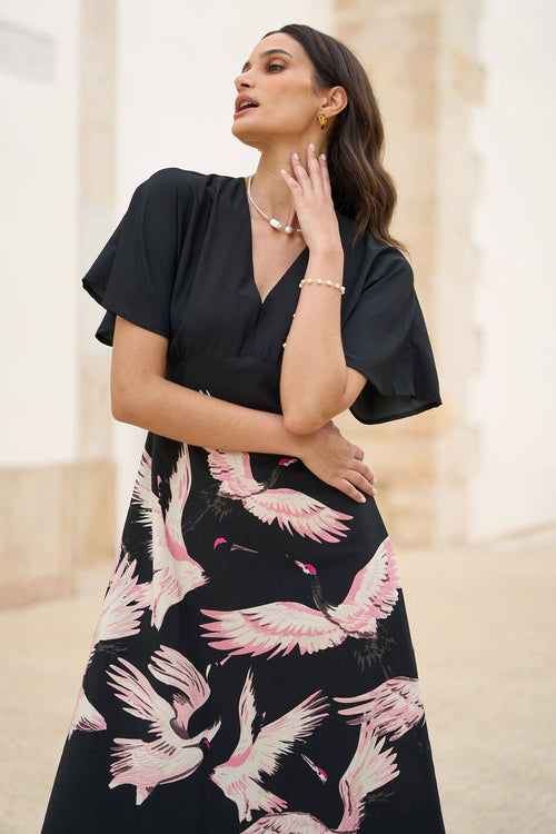 Black Recycled Fabric Crane Print Kimono Midi Dress