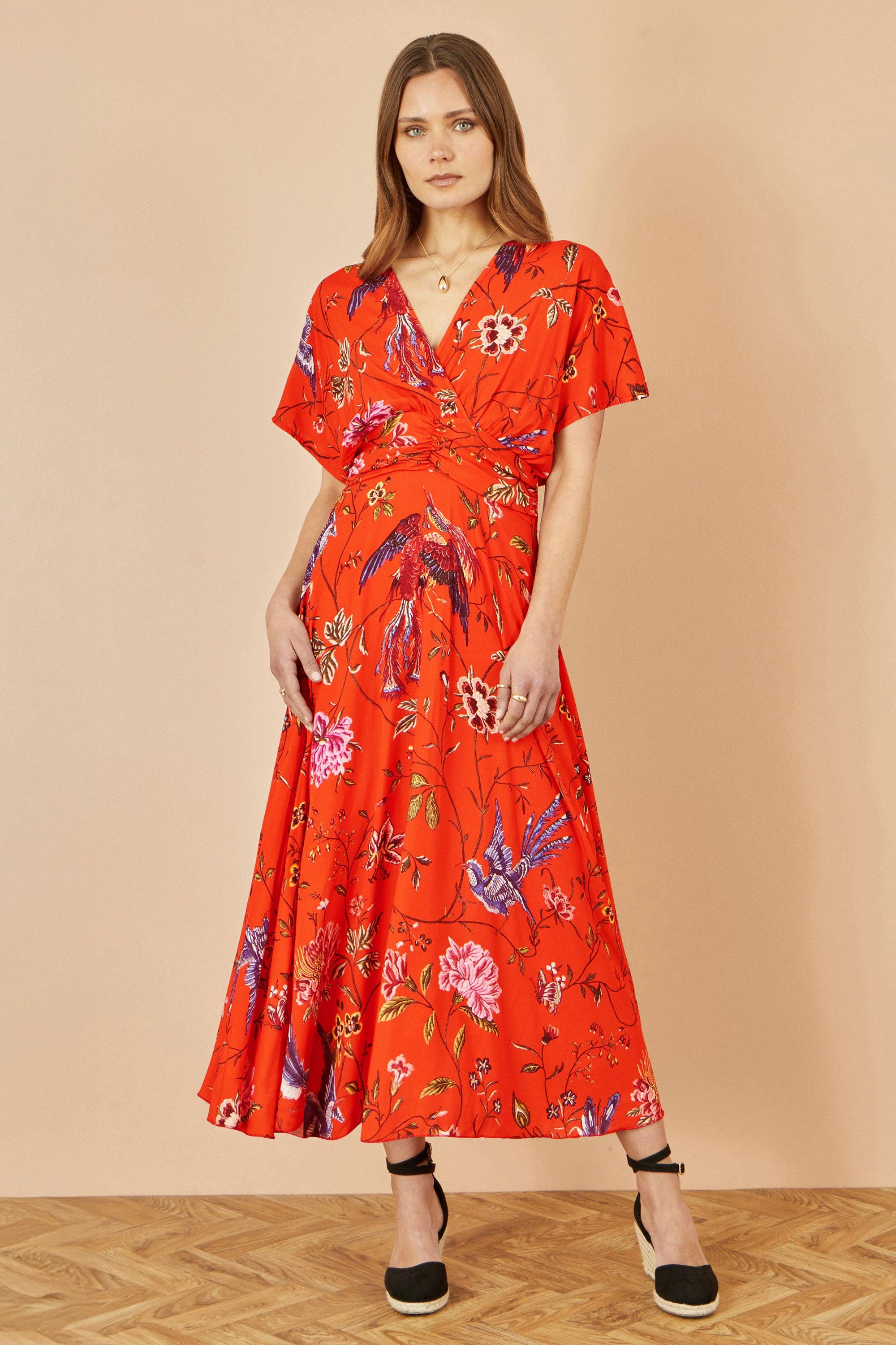 Orange Viscose Bird and Floral Print Kimono Midi Dress