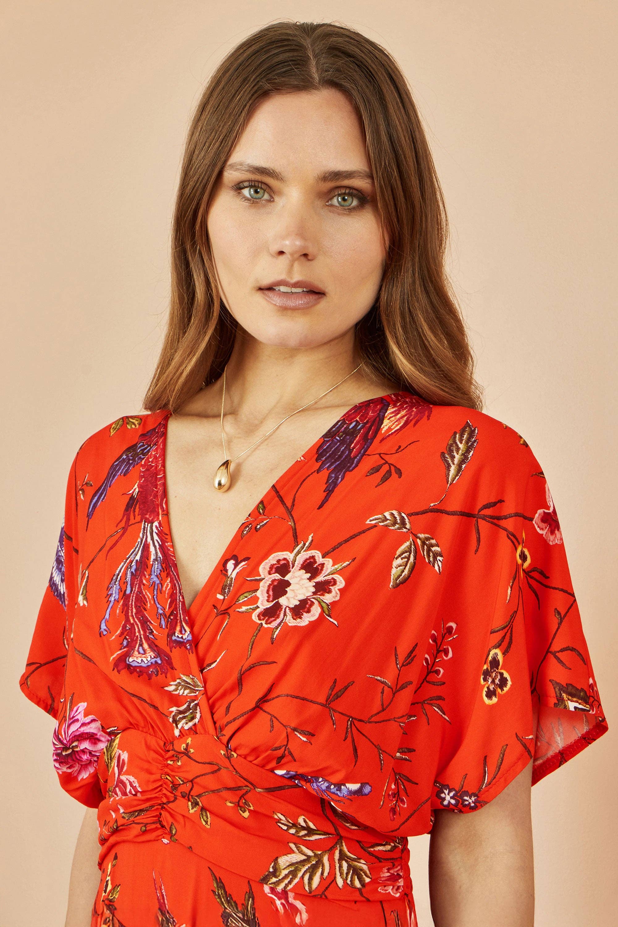 Orange Viscose Bird and Floral Print Kimono Midi Dress
