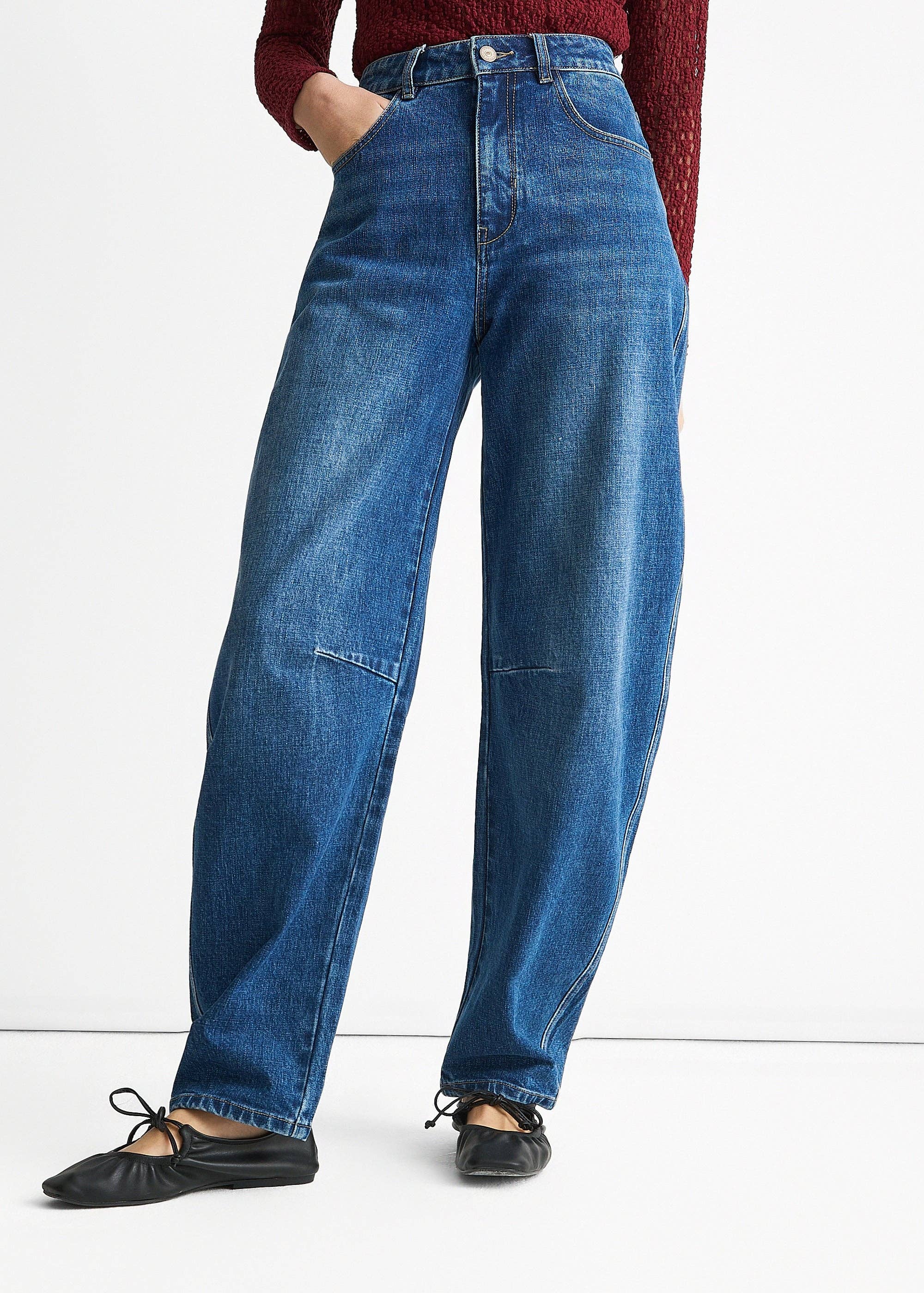 Blue Mid Rise Barrel Leg Jeans
